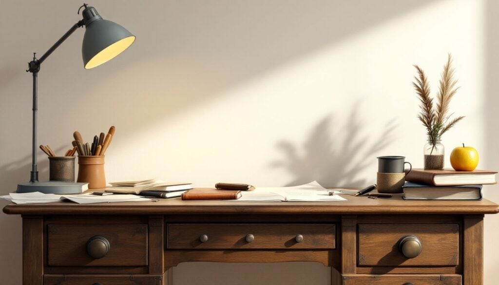 Een rommelig vintage bureau met papieren, notitieboek en veerpen.