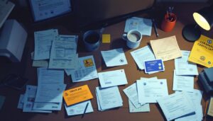 Een rommelig bureau met zakelijke papieren en vergunningen.