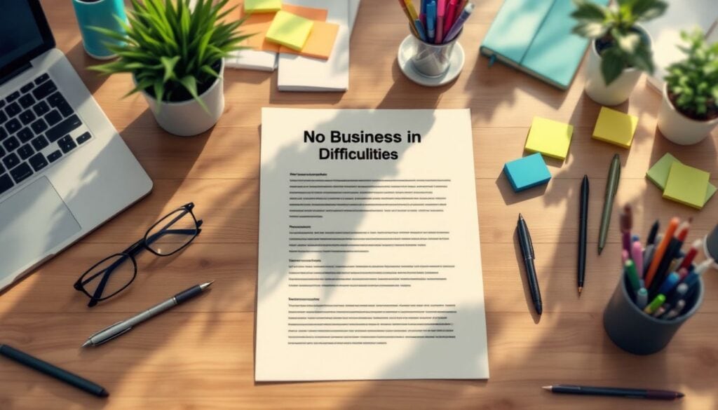 Een zakelijk document getiteld 'Geen Zaken in Moeilijkheden' ligt op een rommelig bureau met kantoorbenodigdheden.