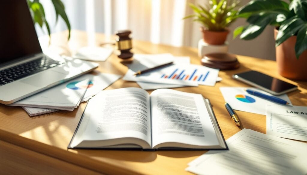 Een gezellig thuiskantoor met een open boek, laptop en juridische documenten.