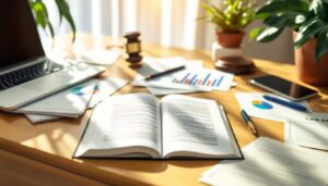 Een gezellig thuiskantoor met een open boek, laptop en juridische documenten.