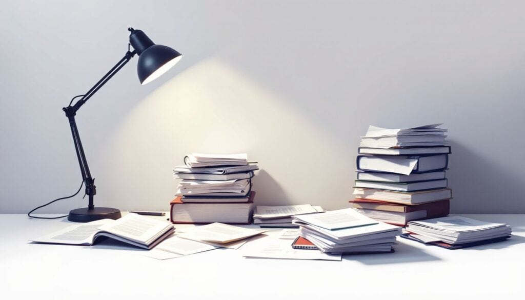 Een druk kantoorbureau met stapels juridische documenten en mappen.