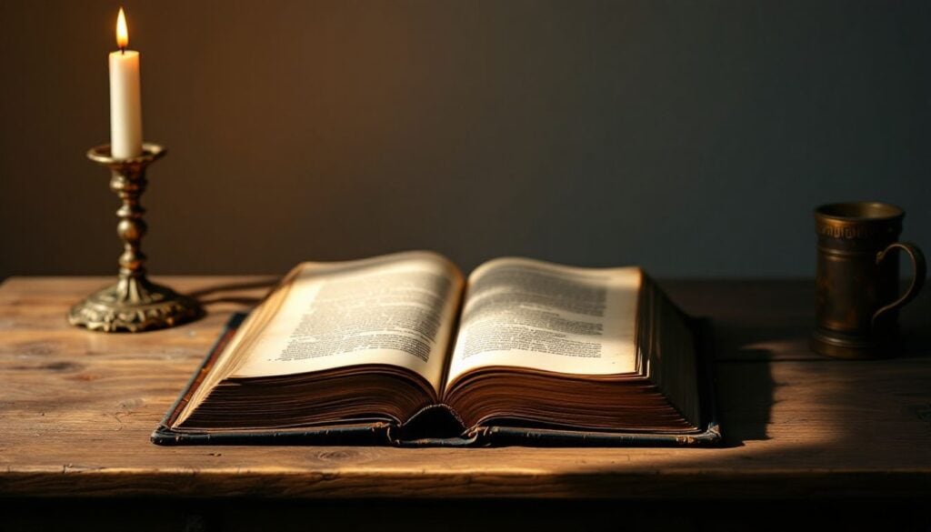 Een oude, stoffige boek ligt open op een houten bureau.